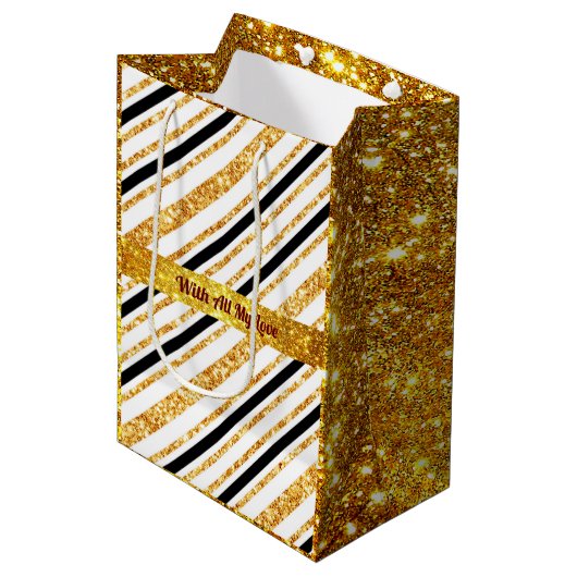 Stripes Gold Glitter Black Boho Popular Collectie Medium Cadeauzakje (Voorkant Gekanteld)