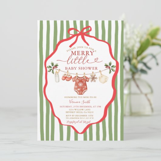 Stripes Green Clothesline Merry Little Baby Shower Kaart (Staand voorkant)