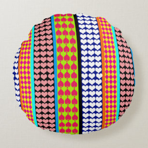 Stripes Hearts Diamonds Boho Gemengd ontwerp Rond Kussen