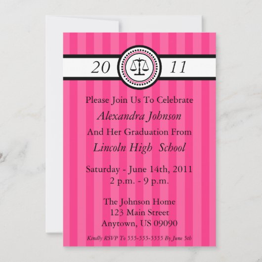 Stripes Law School Graduation Invitations Hot Pink (Devant)