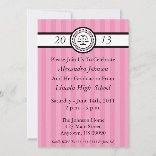Stripes Law School Graduation Invitations (Pink) (Devant)