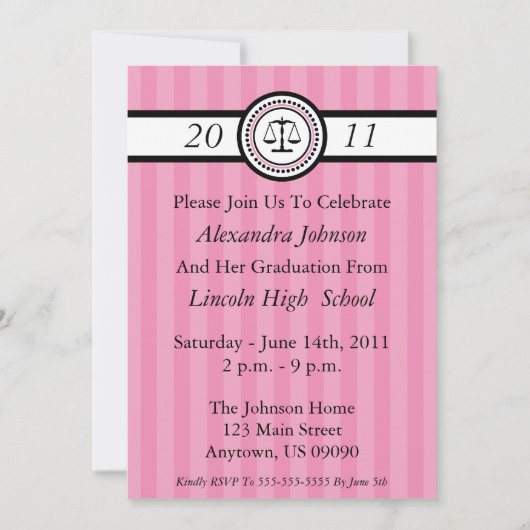 Stripes Law School Graduation Invitations (roze) Kaart (Voorkant)