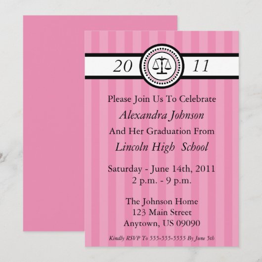 Stripes Law School Graduation Invitations (roze) Kaart (Voorkant / Achterkant)