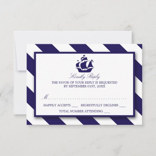 Stripes nautiques et Marine Blue Ship Wedding RSVP (Devant)