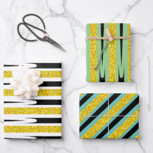 Stripes Pattern Multicolor Gold Glitter Abstract Inpakpapier Vel
