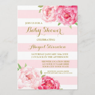 Stripes Pink Blush Waterverf Flowers Baby shower Kaart
