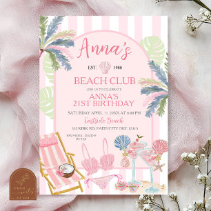 Stripes Preppy Beach Club Verjaardagsuitnodiging Kaart