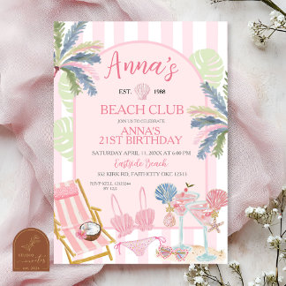 Stripes Preppy Beach Club Verjaardagsuitnodiging Kaart