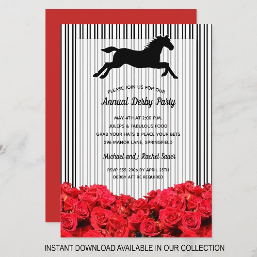 Stripes Roses Derby Horse Racing Party Invitations