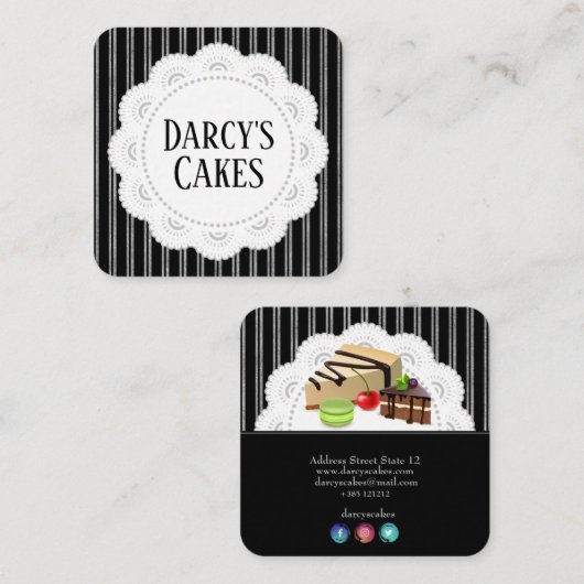 Stripes Silver Black Lace en Cakes Vierkante Visitekaartje (Voorkant / Achterkant)
