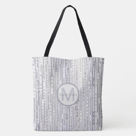 Stripes Stippen Silver White Grey Pattern Monogram Tote Bag (Achterkant)