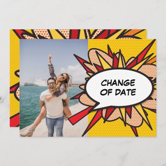 Stripsgewijze wijziging van datum uitgesteld save the date (Voorkant / Achterkant)