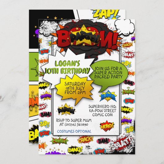 Stripstijl Actie Woorden Party Uitnodigingen (Voorkant / Achterkant)
