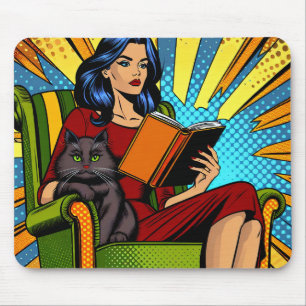 Stripstijl Pop Art Vrouw Leest en Kat Muismat