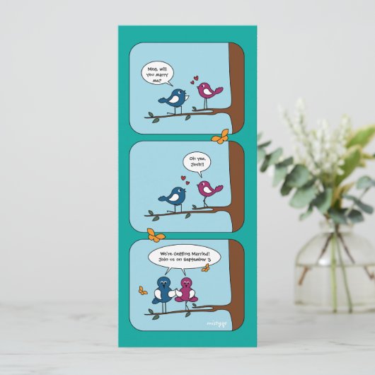 Stripverhaal Liefdesvogels Bewaar de Datum Trouwka Kaart (Staand voorkant)
