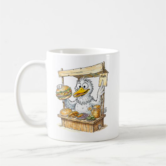 Stripvogel bij viskraam koffiemok (Links)