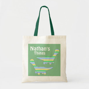 Stripy Green Dinosaur, gepersonaliseerde Kinderen Tote Bag