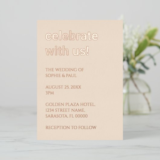 Stro Beige Bruiloft Roos Gouden Folie Invitation Folie Uitnodiging (Staand Voorkant)