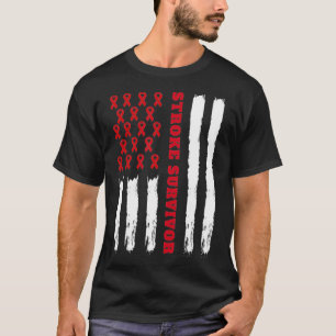 Stroke Survivor American Flag Red Ribbon  T-shirt
