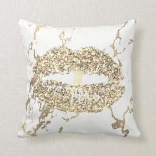 Strokes Gold Glitter Kiss Lips Makeup White Marble Kussen