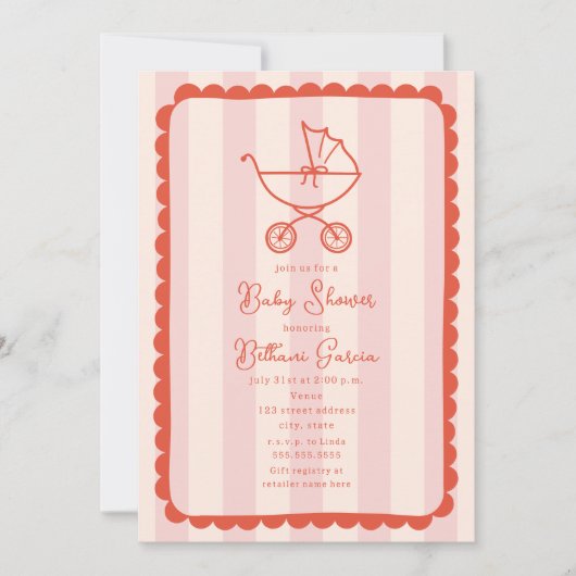 Stroller Sketch Scalloped Pink Girl Baby shower Kaart (Voorkant)