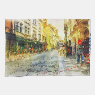 Stromen van de oude Praag-waterverf Theedoek