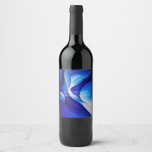 STROMENDE BLAUWE KROMMEN ABSTRACT WIJN ETIKET (Voorkant)