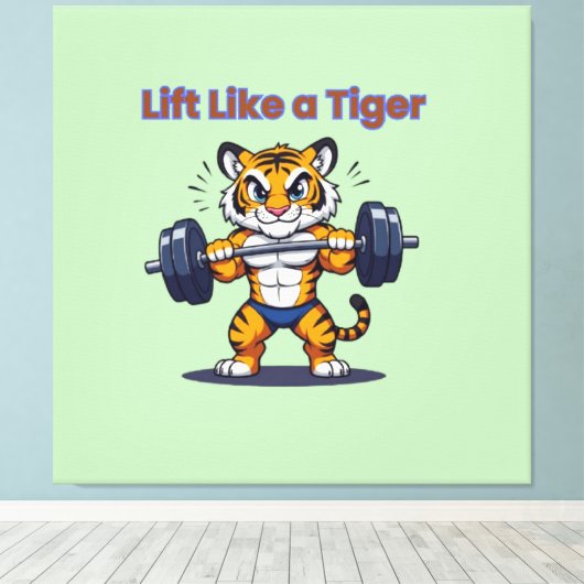**Strong Tiger – Cute Tiger Lifting Weights Illust Canvas Afdruk (Insitu (Houten vloer))