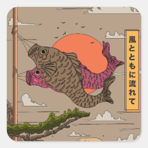 Stroom met de wind Koinobori Vierkante Sticker