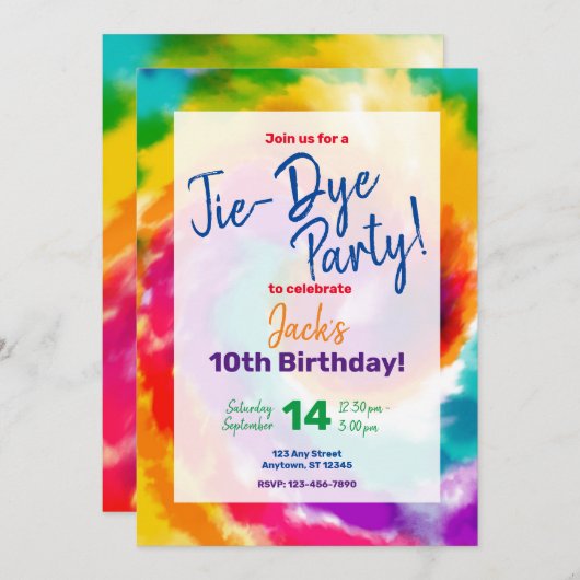 Stropdas-Dye Colorful Fun Birthday Invitation Kaart (Voorkant / Achterkant)