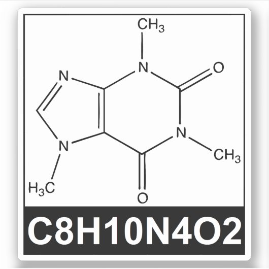 Structuur van Caffeïne Molecuul - C8H10N4O2 Sticker (Voorkant)