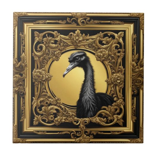 Struisvogel goud ornamentaal lijst tegeltje (Voorkant)