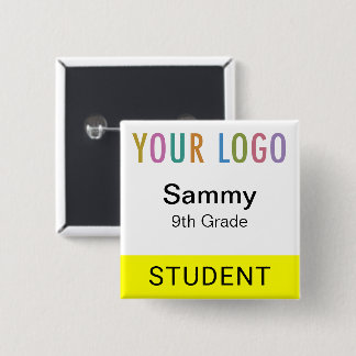 Student Naambordje Knop met School Logo Geel Vierkante Button 5,1 Cm