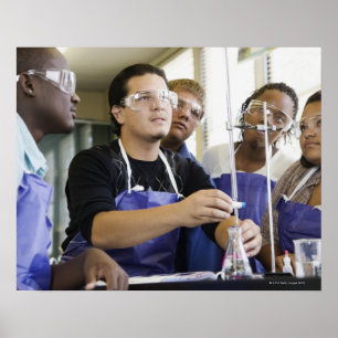 Studenten die experimenten uitvoeren in het chemie poster