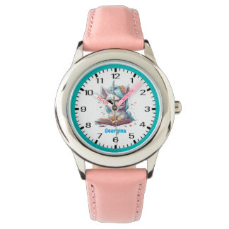 Studious Blauwgroen-Haired Eenhoorn het lezen van  Horloge