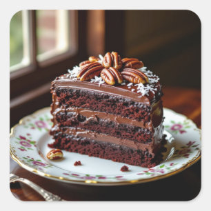 Stuk Duitse chocoladetaart op een fancy bord Vierkante Sticker