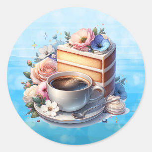 Stukje cake, kopje koffie en bloemen ronde sticker