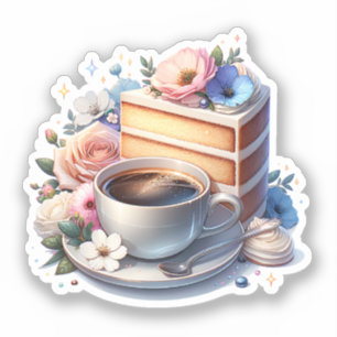 Stukje cake, kopje koffie en bloemen sticker