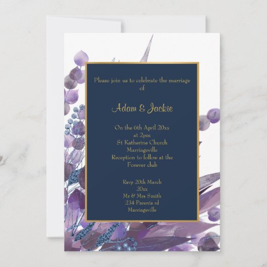 STUNNEN NAVY WHITE EUCALYPTUS WEDDING CUSTOM KAART (Voorkant)