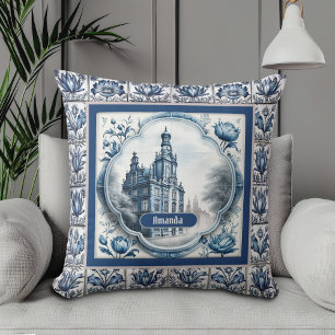 Stunning blauwe bloem chinoiserie toile monogram kussen