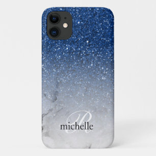 Stunning Blauwe Glitter Ombre Marmer Monogram iPhone 11 Hoesje