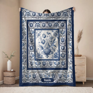 Stunning bloemmotief Blauwe toile de jouy monogram Fleece Deken
