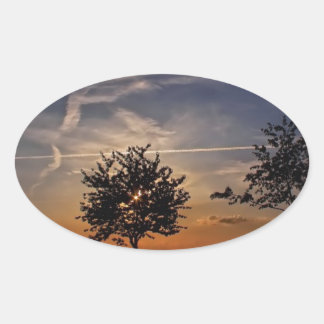 Stunning bomen, zonsondergang natuur landschap fot ovale sticker