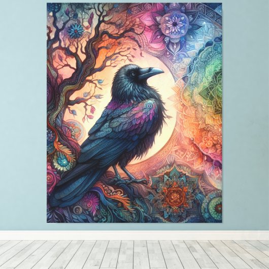 Stunning Kraai Boom des levens Mandala Pagan Gotis Canvas Afdruk (Insitu (Houten vloer))