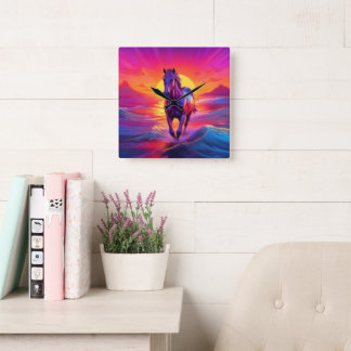 Stunning Kunstwerk van Paard bij Zonsondergang Vierkante Klok