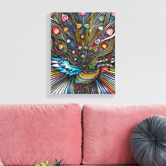 Stunning Pauw in Huichol stijl Kunst Canvas Afdruk (Insitu (Woonkamer))