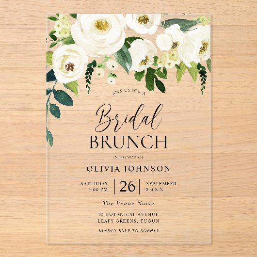 Stunning Witte Bloemen Bruids Bruiloft Brunch  Acryl Uitnodigingen (Voorkant)