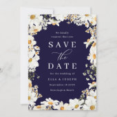 Stunning Witte Bloemen & Diep Marineblauw Huwelijk Save The Date (Voorkant)