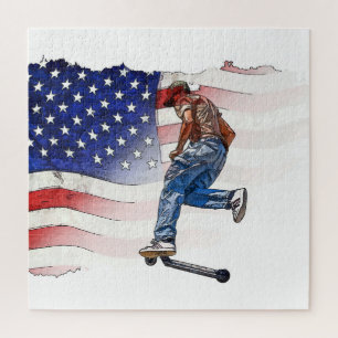 Stuntscooter Rider en Amerikaanse vlag Legpuzzel