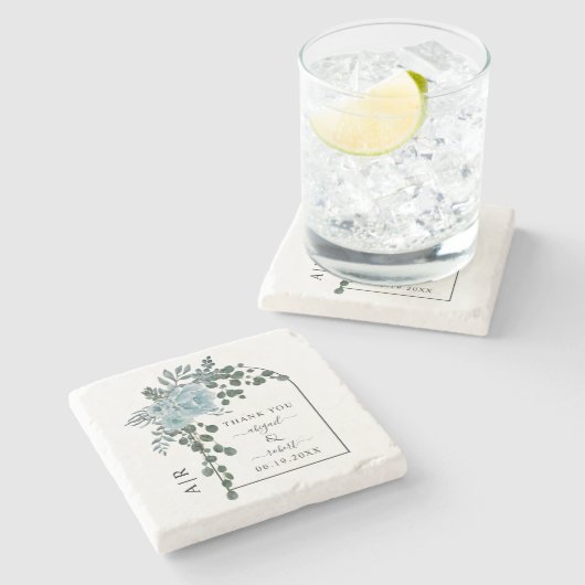 Stustblauw bloemen, boog en monogram bruiloft stenen onderzetter (Zijkant)